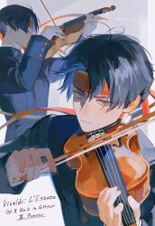 Rule 34 | 1boy, ace attorney, ato (ml cc g), black hair, black jacket, bow (music), closed eyes, closed mouth, headband, highres, holding, holding instrument, holding violin, instrument, jacket, kazuma asogi, long sleeves, male focus, multiple views, music, playing instrument, red headband, school uniform, short hair, solo, the great ace attorney, violin