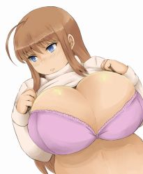 Rule 34 | 1girl, ahoge, bad id, bad pixiv id, blue eyes, borrowed character, bra, breasts, brown hair, cleavage, clothes lift, highres, huge breasts, lifting own clothes, long hair, ooba minori, original, parted lips, pink bra, simple background, solo, soranona (soranosuke), sweat, sweater, sweater lift, turtleneck, underwear, white background