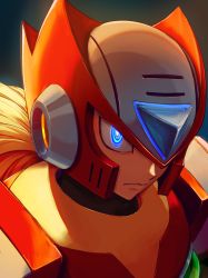Rule 34 | 1boy, absurdres, android, armor, backlighting, blonde hair, blue eyes, closed mouth, commentary request, from side, gradient background, helmet, highres, hoshi mikan, male focus, mega man (series), mega man x (series), portrait, red headwear, robot ears, serious, simple background, solo, zero (mega man)