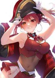 Rule 34 | 1girl, absurdres, arms up, bare arms, black hat, black jacket, blush, bodystocking, breasts, brown eyes, cleavage, covered navel, gloves, grin, hair ribbon, hat, heterochromia, highres, hololive, houshou marine, jacket, long hair, medium breasts, pirate hat, pleated skirt, red eyes, red hair, red jacket, red ribbon, red skirt, ribbon, see-through, see-through cleavage, shikino yuki, simple background, skirt, sleeveless, sleeveless jacket, smile, solo, virtual youtuber, white background, white gloves