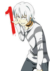 1boy accelerator_(toaru_majutsu_no_index) albino bell black_choker blood blood_on_hands choker collarbone commentary_request cowbell diagonal-striped_clothes diagonal-striped_shirt electrodes evil_grin evil_smile grey_pants grey_shirt grey_stripes grin hair_between_eyes hand_up jack-barro long_bangs long_sleeves looking_at_viewer male_focus medium_hair pants red_eyes shirt short_sidelocks sidelocks simple_background smile solo striped_clothes striped_shirt teeth toaru_majutsu_no_index two-tone_shirt v-shaped_eyebrows white_background white_hair white_shirt