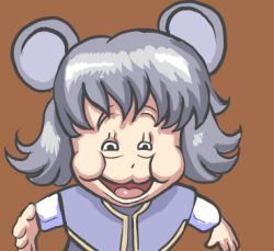Rule 34 | 1girl, animal ears, brown background, crossover, fusion, grey hair, jerry (tom and jerry), long hair, long sleeves, looking at viewer, lowres, meme, mouse ears, nazrin, open mouth, profitshame, puffy cheeks, shirt, short hair, simple background, solo, squinting, tom and jerry, touhou, white shirt