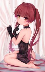 Rule 34 | 1girl, absurdres, bad id, bad twitter id, barefoot, black gloves, black ribbon, blush, breasts, brown dress, commentary, curtain grab, curtains, dress, feet, from side, full body, gloves, hair ribbon, highres, hololive, hololive fantasy, houshou marine, kohe billialot, long hair, looking at viewer, looking to the side, medium breasts, open mouth, parted lips, red eyes, red hair, ribbon, sleeveless, sleeveless dress, solo, symbol-only commentary, twintails, very long hair, virtual youtuber, yellow eyes