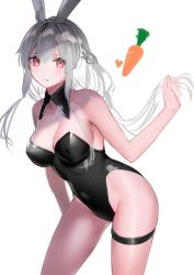 Rule 34 | 1girl, ahoge, animal ears, bare arms, bare shoulders, black leotard, breasts, carrot, cleavage, closed mouth, cowboy shot, detached collar, fake animal ears, highleg, highleg leotard, highres, holding, holding hair, large breasts, leotard, long hair, looking at viewer, nishibi mitsuba, original, playboy bunny, rabbit ears, rabbit girl, red eyes, silver hair, simple background, solo, standing, strapless, strapless leotard, thigh strap, thighs, white background