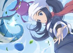 Rule 34 | 1girl, akari (pokemon), berry (pokemon), black hair, commentary request, creatures (company), crobat, day, eyelashes, falling leaves, game freak, gen 1 pokemon, gen 2 pokemon, grey eyes, grey jacket, gyarados, head scarf, highres, jacket, leaf, long hair, nintendo, oran berry, outdoors, outstretched hand, parted lips, pokemon, pokemon (creature), pokemon legends: arceus, ponytail, red scarf, roka (o-yasumi), sash, scarf, shirt, sidelocks, skirt, sky, white headwear