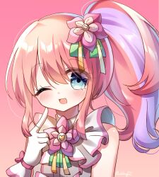 Rule 34 | 1girl, ;d, blue eyes, blush, center frills, flower, frills, gloves, grey shirt, hair between eyes, hair flower, hair ornament, hand up, highres, index finger raised, kanon (pripara), long hair, looking at viewer, multicolored hair, one eye closed, open mouth, pink background, pink flower, pink hair, pretty series, pripara, pudding (skymint 028), purple hair, shirt, side ponytail, signature, simple background, sleeveless, sleeveless shirt, smile, solo, streaked hair, upper body, white gloves