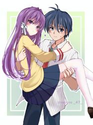 1boy 1girl averting_eyes blue_eyes blue_hair blue_pants blue_skirt blush carrying clannad collared_shirt couple fujibayashi_kyou hair_between_eyes hair_intakes hair_ribbon heart hetero highres hikarizaka_private_high_school_uniform jacket long_hair necktie okazaki_tomoya pants pleated_skirt princess_carry purple_eyes purple_hair red_necktie ribbon sailor_collar school_uniform shirt short_hair skirt striped_clothes striped_shirt suiryuu_(suiryu_47) sweatdrop thighhighs twitter_username untucked_shirt white_ribbon white_sailor_collar white_shirt white_thighhighs yellow_jacket