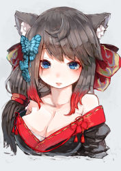 Rule 34 | 1girl, animal ears, azur lane, black hair, black kimono, blue eyes, breasts, butterfly hair ornament, cat ears, cleavage, fusou (azur lane), hair ornament, highres, japanese clothes, kimono, large breasts, long hair, looking at viewer, nyucha, solo