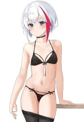 Rule 34 | 1girl, absurdres, admiral graf spee (azur lane), azur lane, bare arms, bare shoulders, black bra, black choker, black panties, black pantyhose, bra, choker, clothes pull, collarbone, cowboy shot, highres, lingerie, looking at viewer, multicolored hair, navel, panties, pantyhose, pantyhose pull, short hair, simple background, skindentation, solo, standing, stomach, streaked hair, string bra, string panties, thighs, underwear, underwear only, white background, white hair, xochi (nueeen6978)