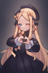 Rule 34 | 1girl, abigail williams (fate), black bow, black dress, black hat, blonde hair, blue eyes, blush, bow, breasts, dress, fate/grand order, fate (series), forehead, hair bow, hat, heart, heart hands, highres, long hair, long sleeves, looking at viewer, miya (miyaruta), one eye closed, orange bow, parted bangs, ribbed dress, small breasts, smile, solo, variant set