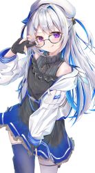 Rule 34 | 1girl, :q, absurdres, amane kanata, amane kanata (work), angel wings, asymmetrical legwear, beret, bespectacled, blue hair, casual, colored inner hair, frills, glasses, gloves, grey hair, hat, highres, hololive, jacket, jewelry, long hair, mihasu, multicolored hair, necklace, off shoulder, partially fingerless gloves, purple eyes, simple background, solo, thigh strap, thighhighs, tongue, tongue out, two side up, virtual youtuber, white background, wings, zettai ryouiki