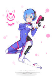 Rule 34 | 10s, 1girl, 2016, absurdres, acronym, aqua eyes, armor, artist name, blue eyes, blue hair, blunt bangs, blush, bodysuit, boots, bracer, breasts, character name, charm (object), cosplay, covering privates, covering breasts, d.va (overwatch), d.va (overwatch) (cosplay), dated, embarrassed, eyebrows, eyes visible through hair, facepaint, facial mark, gloves, gun, hair ornament, hand up, handgun, headphones, high collar, highres, holding, holding gun, holding weapon, large breasts, looking at viewer, matching hair/eyes, medium breasts, nose blush, open mouth, overwatch, overwatch 1, pauldrons, pilot suit, re:zero kara hajimeru isekai seikatsu, rem (re:zero), ribbed bodysuit, short hair, shoulder armor, shoulder pads, simple background, skin tight, solo, thigh boots, thigh strap, thighhighs, turtleneck, violetsang, weapon, whisker markings, white background, white footwear, white gloves, white thighhighs, x hair ornament
