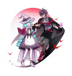 Rule 34 | 1boy, 1girl, absurdres, alternate costume, alternate hairstyle, apron, bat (animal), belt, black cape, black gloves, blue hair, book, boots, braid, cape, collared shirt, dark-skinned male, dark skin, dress, fangs, fire, floating, floating object, full body, full moon, gloves, grey pants, grey shirt, grimoire, hair over one eye, halloween costume, hands up, hat, highres, holding, holding wand, idol land pripara, katasumi amari, long hair, long sleeves, mario (pripara), moon, open mouth, pants, pentagram, pink eyes, pleated dress, pointy ears, pretty series, pripara, purple cape, purple dress, purple hat, red belt, red eyes, red footwear, red moon, shirt, short hair, smile, standing, torn cape, torn clothes, torn pants, twin braids, vampire, very long hair, wand, white apron, witch, witch hat, zhou (suzusuz57561619)