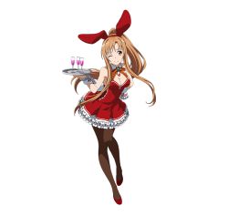 Rule 34 | 1girl, ;), animal ears, asuna (sao), black pantyhose, breasts, brown eyes, brown hair, choker, cleavage, dress, fake animal ears, floating hair, full body, hairband, hand on own hip, high ponytail, layered dress, long hair, looking at viewer, medium breasts, neck ribbon, one eye closed, pantyhose, rabbit ears, red hairband, redd dress, ribbon, short dress, smile, solo, striped ribbon, sword art online, transparent background, very long hair, wrist cuffs
