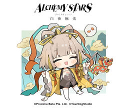 Rule 34 | 1girl, absurdres, alchemy stars, blush, blush stickers, brown dress, brown hair, chibi, closed eyes, cloud, copyright name, dantang (alchemy stars), dragon, dress, eastern dragon, eyebrows hidden by hair, full body, hair ornament, highres, japanese clothes, kimono, mountainous horizon, musical note, official art, outstretched arms, second-party source, short hair, smile, solo, spoken musical note, spread arms, standing, standing on one leg, white footwear, yellow kimono