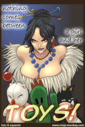 Rule 34 | 00s, 1girl, bare shoulders, black hair, bow, bowtie, breasts, cactus, cait sith (ff7), cat, cleavage, company name, crown, english text, final fantasy, final fantasy x, hair ornament, jewelry, large breasts, lipstick, lowres, lulu (ff10), makeup, mole, mole under mouth, moogle, necklace, purple lips, sabotender, solo, upper body, watermark, web address