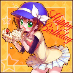 Rule 34 | 10s, 1girl, bad id, bad pixiv id, brown hair, cake, eating, female focus, food, green eyes, happy birthday, hat, heart, looking at viewer, minami (apricot tea), open mouth, short hair, skirt, solo, tantei opera milky holmes, yuzurizaki nero