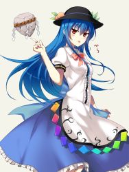 Rule 34 | 1girl, apron, arm up, blue hair, blush, bow, bowtie, dress, female focus, fingernails, food, food-themed clothes, frills, fruit, garigarigari, hair between eyes, hat, highres, hinanawi tenshi, keystone, leaf, long hair, looking at viewer, peach, pointing, puffy sleeves, raised eyebrow, red eyes, ribbon, rope, shimenawa, shirt, short sleeves, simple background, skirt, solo, tongue, tongue out, touhou, white shirt