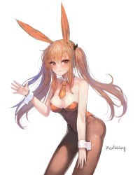Rule 34 | 1girl, absurdres, animal ears, bare shoulders, black bow, black pantyhose, blush, bow, breasts, brown hair, cleavage, closed mouth, detached collar, fake animal ears, girls&#039; frontline, hair bow, hand on own leg, highres, large breasts, leaning forward, leotard, light smile, long hair, looking at viewer, necktie, orange necktie, panties, pantyhose, playboy bunny, rabbit ears, red eyes, red leotard, short necktie, sketch, solo, twintails, twitter username, ump9 (girls&#039; frontline), underwear, very long hair, white background, wing collar, wrist cuffs, zonekiller10