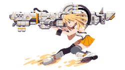 Rule 34 | 1girl, backless outfit, black thighhighs, blonde hair, blue eyes, full body, gun, holding, holding gun, holding weapon, long hair, making-of available, original, pixel art, pixelflag, profile, simple background, skirt, solo, standing, thighhighs, weapon, white background, white footwear, wrist cuffs, yellow skirt
