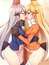 Rule 34 | 10s, 2futa, animal ears, black gloves, black neckwear, black skirt, blonde hair, blue jacket, blush, brown gloves, censored, closed eyes, clothes pull, ezo red fox (kemono friends), fox ears, fox tail, french kiss, fur-trimmed sleeves, fur trim, futa with futa, futanari, gloves, highres, jacket, kemono friends, kiss, long hair, long sleeves, looking at another, mosaic censoring, multiple futa, open mouth, orange jacket, penis, penises touching, profile, silver fox (kemono friends), silver hair, skirt, skirt pull, tail, tongue, tongue out, totokichi, white neckwear, white skirt, yellow eyes