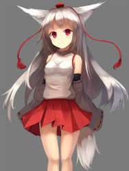 Rule 34 | 1girl, alternate hair length, alternate hairstyle, animal ears, bow, breasts, detached sleeves, grey background, hat, highres, inubashiri momiji, long hair, looking at viewer, medium breasts, pleated skirt, pointy ears, pom pom (clothes), red eyes, red skirt, shone, silver hair, simple background, skirt, smile, solo, standing, tail, tokin hat, touhou, wolf ears, wolf tail