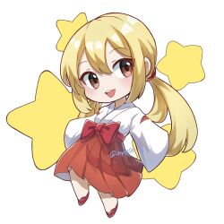 Rule 34 | 1girl, alternate costume, artist name, blonde hair, bow, brown eyes, chibi, fairy tail, full body, highres, japanese clothes, long hair, looking to the side, lucy heartfilia, open mouth, pleated skirt, red bow, red footwear, red skirt, reytsu, shirt, skirt, solo, star (symbol), starry background, twintails, twitter username, white background, white shirt