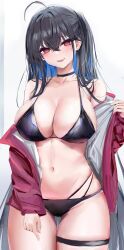 Rule 34 | 1girl, absurdres, ahoge, azur lane, bikini, black bikini, black choker, black hair, blue hair, breasts, choker, cleavage, crossed bangs, highres, large breasts, long hair, looking at viewer, lshiki, multicolored hair, navel, off shoulder, parted lips, red eyes, revision, smile, solo, stomach, swimsuit, taihou (azur lane), taihou (enraptured companion) (azur lane), thigh strap, thighs, two-tone hair, very long hair