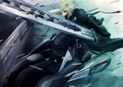 Rule 34 | 00s, 1990s (style), 1boy, bad id, bad pixiv id, blonde hair, cloud strife, fenrir, fenrir (vehicle), final fantasy, final fantasy vii, final fantasy vii advent children, first tsrugi, goggles, highres, huge weapon, male focus, motor vehicle, motorcycle, pochiharu, retro artstyle, short hair, shoulder pads, square enix, strap, sunglasses, sword, vehicle, weapon