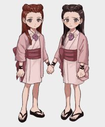 Rule 34 | ace attorney, aged down, bad id, bad pixiv id, black hair, child, dahlia hawthorne, grey eyes, highres, holding hands, iris (ace attorney), japanese clothes, jewelry, magatama, magatama necklace, matching hairstyle, matching outfits, necklace, red hair, renshu usodayo, sandals, siblings, simple background, sisters, tearing up