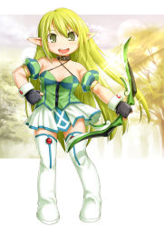 Rule 34 | 1girl, armband, bare shoulders, black gloves, blonde hair, boots, bow (weapon), breasts, chibi, collar, elf, elsword, fingerless gloves, forest, gloves, green eyes, green hair, hand on own hip, highres, kasuga yukihito, long hair, matching hair/eyes, nature, pleated skirt, pointy ears, ranger (elsword), rena erindel, revision, skirt, small breasts, smile, solo, thigh boots, thighhighs, weapon, wrist cuffs