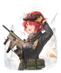 Rule 34 | 1girl, arknights, black jacket, commentary request, detached wings, exusiai (arknights), exusiai (wild operation) (arknights), gloves, goggles, goggles on head, gun, hair between eyes, hair over one eye, halo, highres, holding, holding goggles, holding gun, holding weapon, jacket, kriss vector, official alternate costume, open mouth, orange eyes, red hair, short hair, solo, submachine gun, tobunchudoku, upper body, weapon, wings