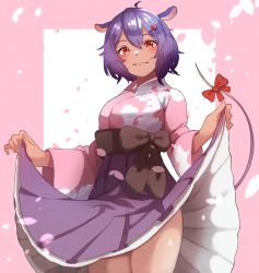 Rule 34 | 1girl, animal ears, bow, buket pudding i, commission, dark skin, facial mark, hair ornament, hairclip, hakama, highres, indie virtual youtuber, japanese clothes, kimono, looking at viewer, mouse ears, mouse girl, mouse tail, purple hair, red eyes, short hair, smile, solo, tail, virtual youtuber, yatra (vtuber)