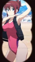 Rule 34 | 10s, highres, one-piece swimsuit, rail wars!, red eyes, red hair, sakurai aoi, screencap, short hair, stitched, swimsuit, third-party edit, vest