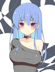 Rule 34 | 1girl, bare shoulders, blue hair, blush, breasts, dot nose, frown, hair between eyes, highres, long hair, looking at viewer, medium breasts, off shoulder, original, raion (inoueraion), red eyes, solo, tagme, upper body