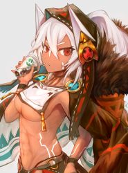 Rule 34 | 1girl, abs, azur lane, bad id, bad pixiv id, bodypaint, breasts, cloak, coffee, coffee cup, crop top, crop top overhang, cup, dark-skinned female, dark skin, disposable cup, drinking straw, from side, fur-trimmed cloak, fur trim, grey background, hair between eyes, halterneck, hand on own hip, highres, hood, looking at viewer, midriff, minneapolis (azur lane), native american, navel, open clothes, parupaka, ponytail, red eyes, revealing clothes, sideboob, simple background, solo, underboob, white hair