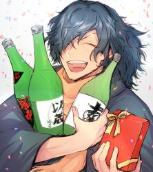 Rule 34 | 1boy, black hair, black haori, bottle, closed eyes, commentary, confetti, dragon uppercut, facial hair, facing ahead, fate/grand order, fate/type redline, fate (series), gift, goatee stubble, hair over one eye, hands up, holding, holding bottle, holding gift, koha-ace, light blush, long sleeves, male focus, medium hair, okada izou (fate), one eye covered, open mouth, orange scarf, ponytail, sake bottle, scarf, smile, solo, stubble, symbol-only commentary, teeth, white background, wide sleeves, yuta arata