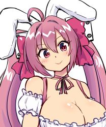 Rule 34 | 1girl, absurdres, animal ears, blush, breasts, rabbit ears, choker, cleavage, closed mouth, commentary, di gi charat, dice hair ornament, hair ornament, highres, large breasts, long hair, looking at viewer, nono (totokin), pink hair, red eyes, simple background, smile, solo, twintails, upper body, usada hikaru, white background