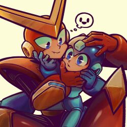 Rule 34 | 2boys, blue eyes, closed mouth, highres, humanoid robot, laser-lance, looking at another, mega man (character), mega man (classic), mega man (series), multiple boys, parted lips, quick man, robot, size difference, thought bubble