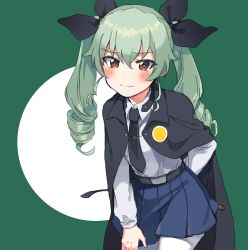 Rule 34 | 10s, 1girl, anchovy (girls und panzer), blush, brown eyes, cape, drill hair, fuji fujino, girls und panzer, green hair, long hair, looking at viewer, necktie, pantyhose, pleated skirt, school uniform, skirt, solo, twin drills, white pantyhose
