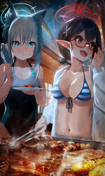 Rule 34 | 2girls, animal ear fluff, animal ears, ayane (blue archive), ayane (swimsuit) (blue archive), bikini, black hair, blue archive, blue eyes, blush, breasts, cleavage, competition swimsuit, cooking, corn, covered navel, cross hair ornament, eating, extra ears, fireworks, food, fork, glasses, grey hair, grilling, hair ornament, halo, highres, holding, holding fork, holding plate, holding tongs, large breasts, meat, medium breasts, medium hair, mismatched pupils, mo ne, multicolored clothes, multiple girls, navel, official alternate costume, one-piece swimsuit, outdoors, plate, pointy ears, ponytail, sausage, shiroko (blue archive), shiroko (swimsuit) (blue archive), short hair, skewer, smoke, stomach, striped bikini, striped clothes, swimsuit, tongs, wolf ears, yellow eyes