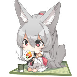 Rule 34 | 1girl, animal ears, chibi, commentary request, cup, eating, food, fox ears, fox girl, fox tail, grey hair, hair between eyes, highres, holding, holding food, japanese clothes, kimono, long hair, long sleeves, original, ponytail, red eyes, simple background, sitting, solo, tail, tatami, very long hair, white background, white kimono, wide sleeves, yunomi, yuuji (yukimimi)