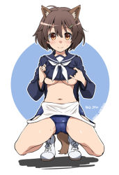 Rule 34 | 10s, 1girl, ahoge, animal ear fluff, animal ears, blush, brave witches, breasts, brown eyes, brown hair, character name, clothes lift, clothes pull, dog ears, fujii jun, hair ornament, hairpin, karibuchi hikari, looking at viewer, navel, old school swimsuit, one-piece swimsuit, one-piece swimsuit pull, school swimsuit, school uniform, serafuku, shirt lift, short hair, solo, squatting, sweatdrop, swimsuit, tail, underboob, world witches series