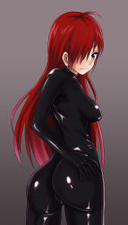 Rule 34 | 1girl, ahoge, ass, black bodysuit, bodysuit, commentary, cowboy shot, english commentary, gradient background, green eyes, hair over one eye, hand on own ass, jitan777, latex, latex bodysuit, long hair, looking at viewer, original, red hair, shiny clothes, skin tight, smile, solo, standing