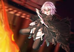 Rule 34 | &gt;:d, 1girl, :d, bandaged arm, bandages, black gloves, black panties, black thighhighs, cloak, dagger, dual wielding, fate/apocrypha, fate (series), fingerless gloves, fire, full body, gloves, green eyes, holding, holding weapon, jack the ripper (fate/apocrypha), knife, looking away, open mouth, panties, risokaaso (tommy9551), short hair, silver hair, single glove, smile, solo, thighhighs, underwear, v-shaped eyebrows, weapon