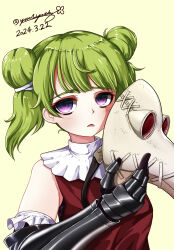 Rule 34 | absurdres, dated, detached sleeves, gauntlets, green hair, highres, holding, holding mask, looking at viewer, mask, plague doctor mask, purple eyes, signature, tatiana (unicorn overlord), unicorn overlord, yuyumi (yuurei)