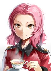Rule 34 | 10s, 1girl, brown eyes, cup, emerane, girls und panzer, jacket, looking at viewer, military, military uniform, parted bangs, red hair, red jacket, rosehip (girls und panzer), saucer, short hair, smile, solo, tea, teacup, uniform, upper body