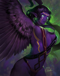 Rule 34 | 1girl, 2017, aqua eyes, artist name, black hair, blunt bangs, breasts, colored skin, cowboy shot, dated, earrings, expressionless, facial mark, feathered wings, forehead mark, glowing, glowing eyes, harpy, high ponytail, highres, jewelry, light particles, lips, long hair, long pointy ears, looking at viewer, medium breasts, monster girl, no pupils, pointy ears, purple skin, sideboob, signature, slingshot swimsuit, solo, swimsuit, tajima yukie, winged arms, wings