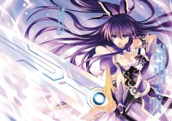Rule 34 | 10s, 1girl, :o, armor, armored dress, breasts, cleavage, date a live, detached collar, fighting stance, frills, gauntlets, gloves, holding, long hair, medium breasts, novel illustration, open mouth, pauldrons, ponytail, purple eyes, purple hair, shoulder armor, solo, sword, tsunako, very long hair, weapon, yatogami tooka