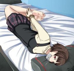 Rule 34 | atlus, barefoot, bdsm, body blush, bondage, bound, bound ankles, bound wrists, breasts, brown hair, gag, gagged, highres, hogtie, improvised gag, legs, lipstick, looking at viewer, lost one zero, makeup, niijima makoto, persona, persona 5, red eyes, rope, skirt, tape, tape gag, teeth